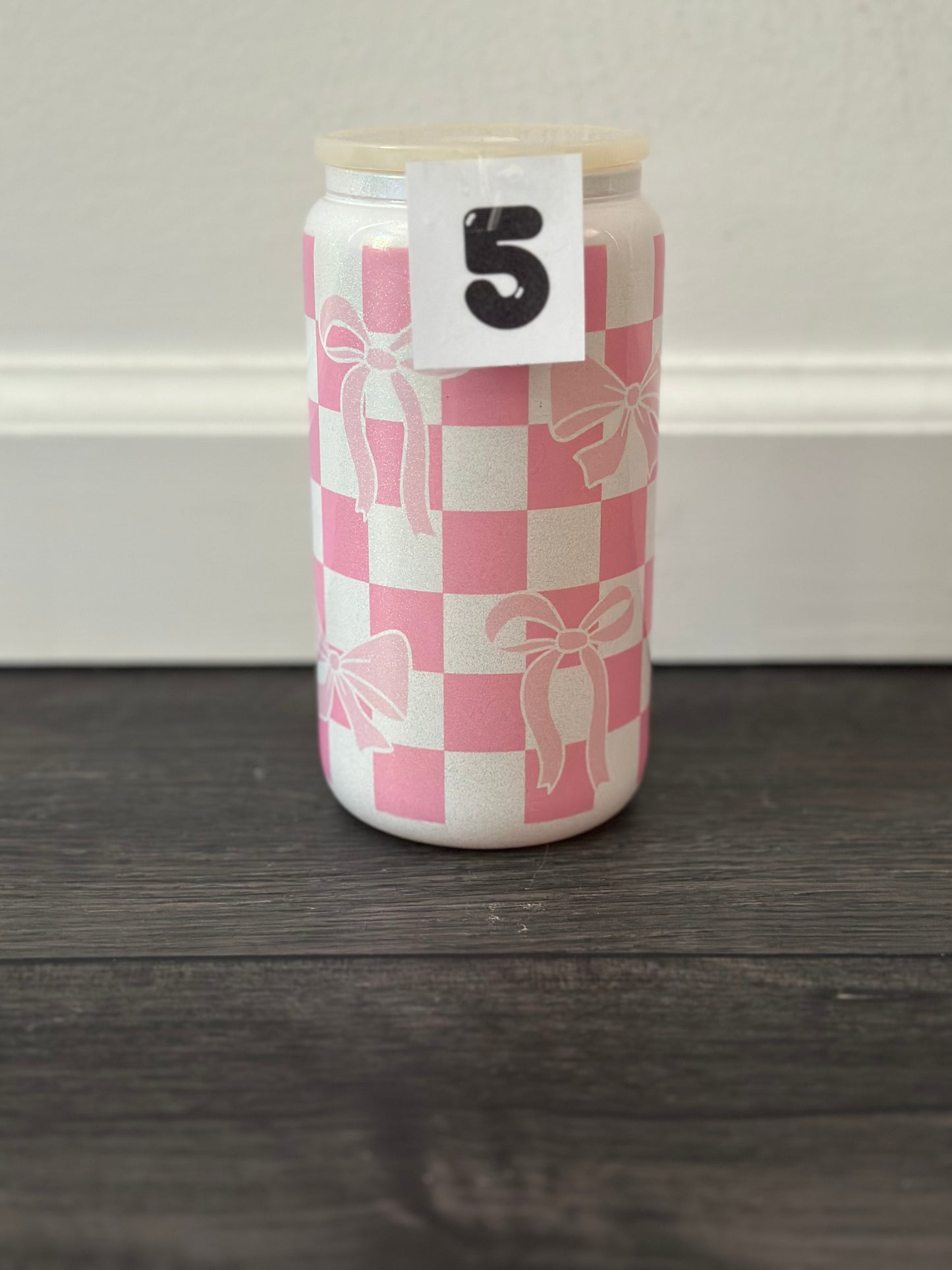 pink bows white holographic shimmer glass cup