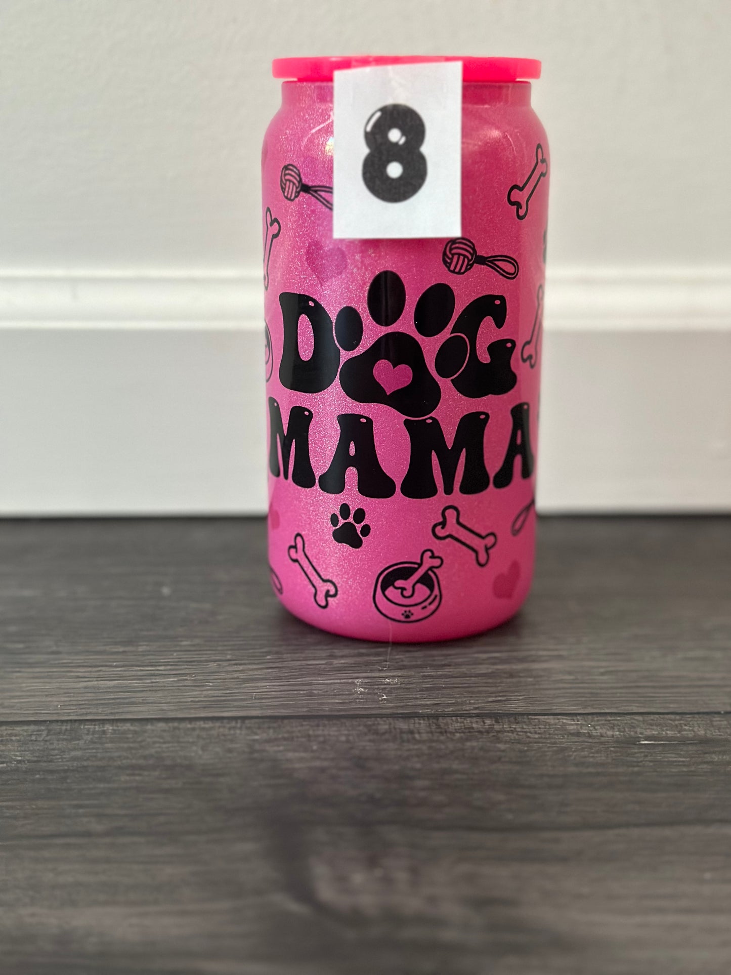 dog mama pink holographic glass cup