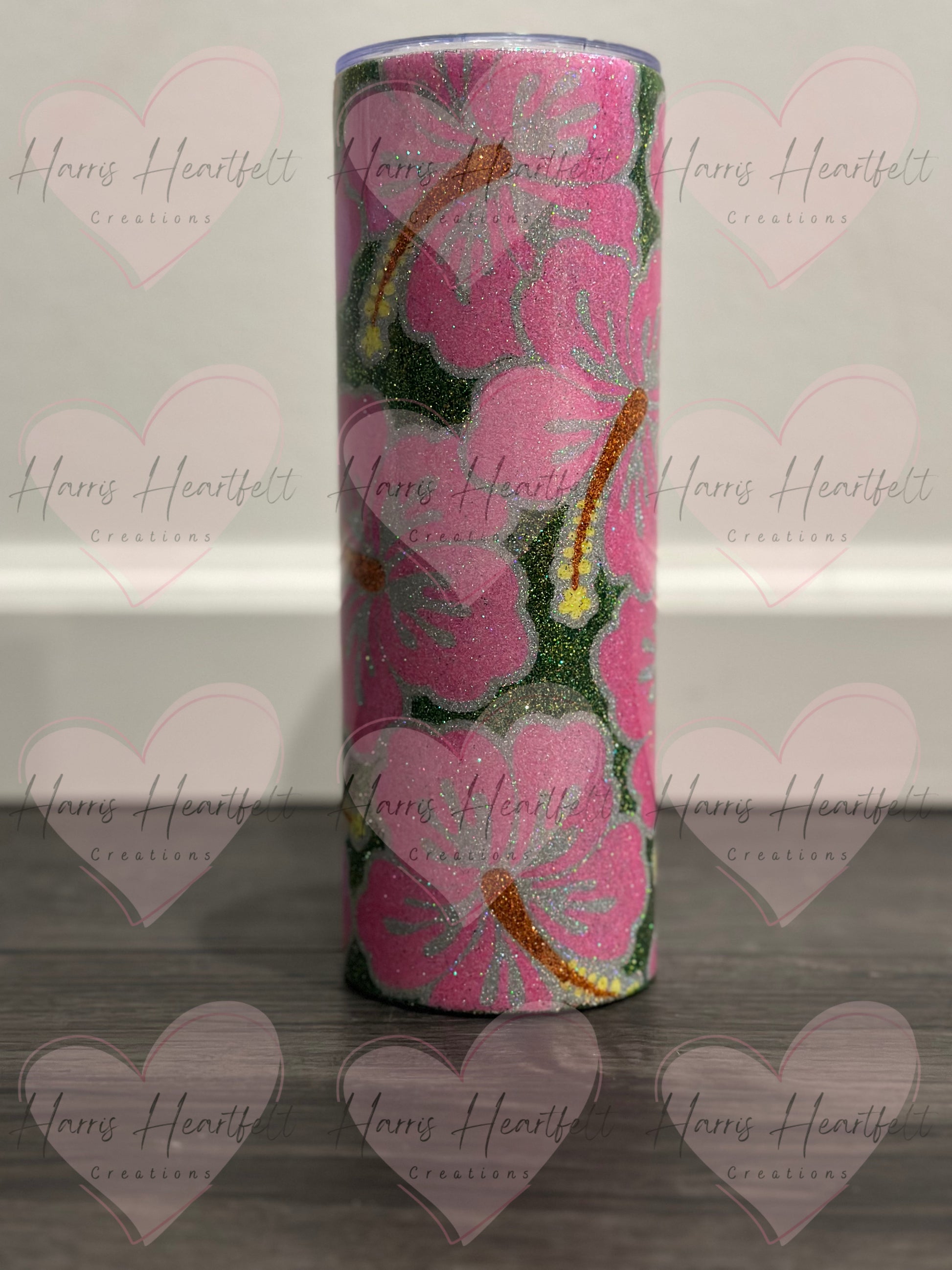 pink hibiscus glitter tumbler 2