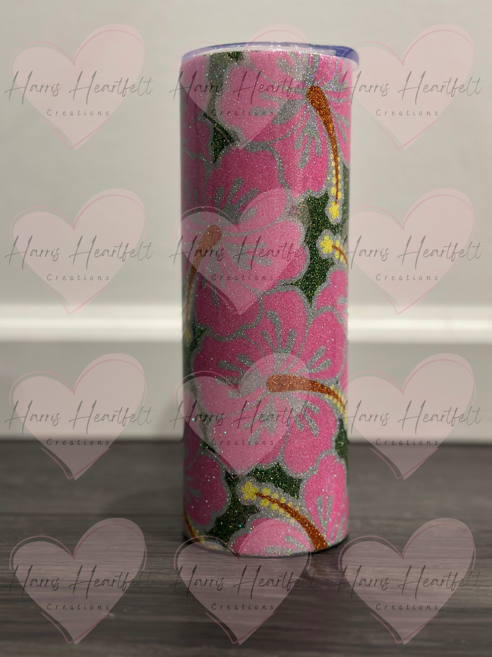 pink hibiscus glitter tumbler