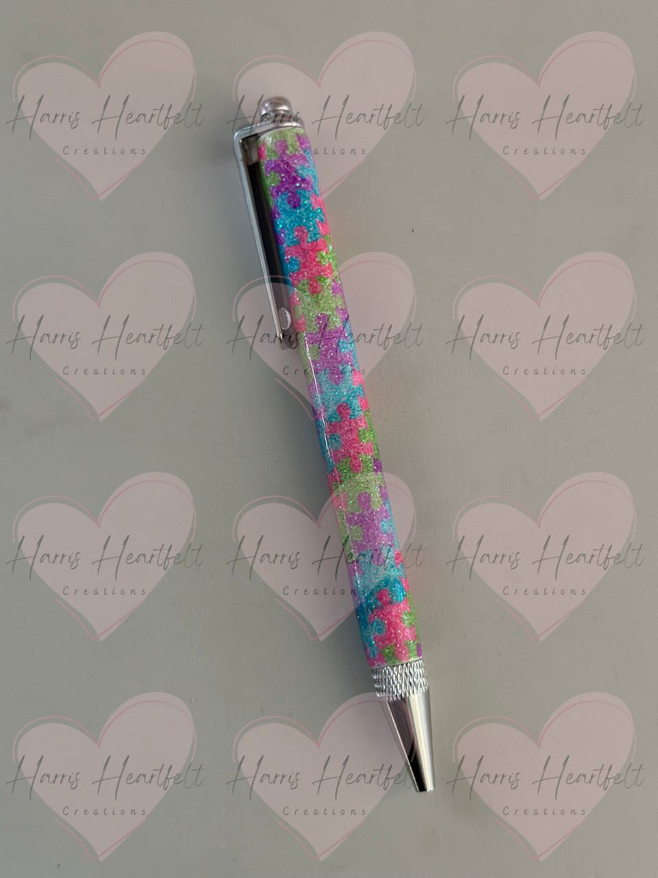 glittered puzzle pieces metal clip pen