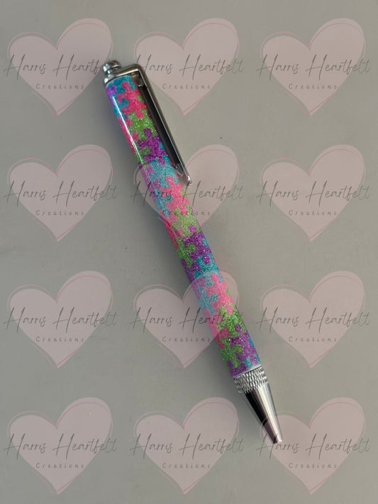 glittered puzzle pieces metal clip pen