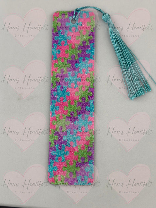 Puzzle Pieces glitter metal double sided bookmark