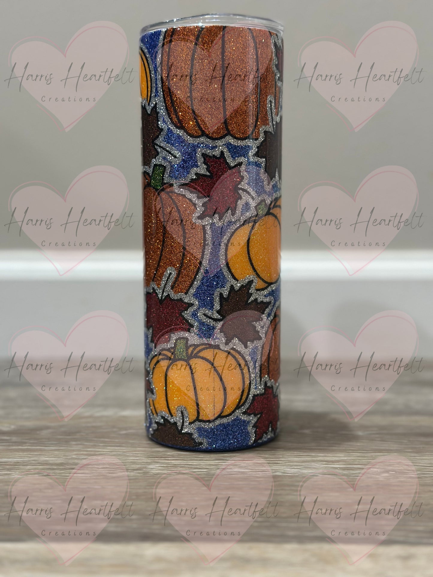 20oz Blue Fall Pumpkins Glitter Stainless Steel Tumbler