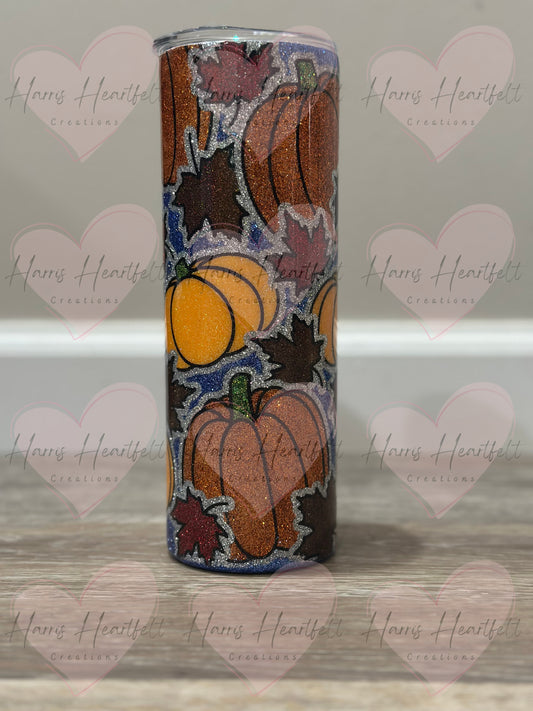 20oz Blue Fall Pumpkins Glitter Stainless Steel Tumbler