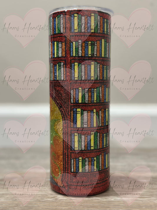 20oz Dragon with Red Bookcase Glitter Stainless Steel Tumbler