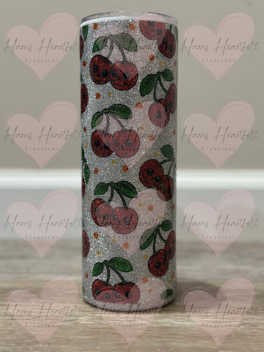 20oz Skull Cherry Glitter Stainless Steel Tumbler - Silver background