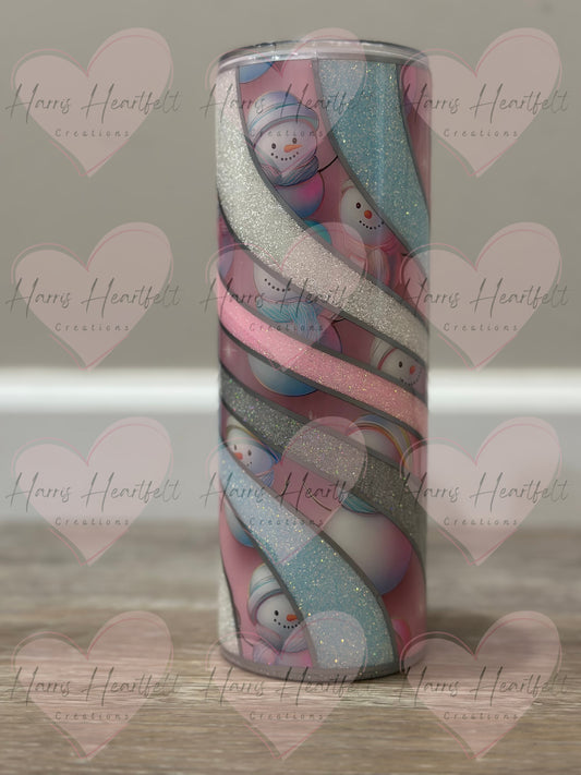 20oz Pink Snowmen Glitter Stainless Steel Tumbler