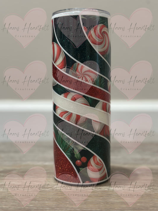20oz Peppermint Swirls Glitter Stainless Steel Tumbler
