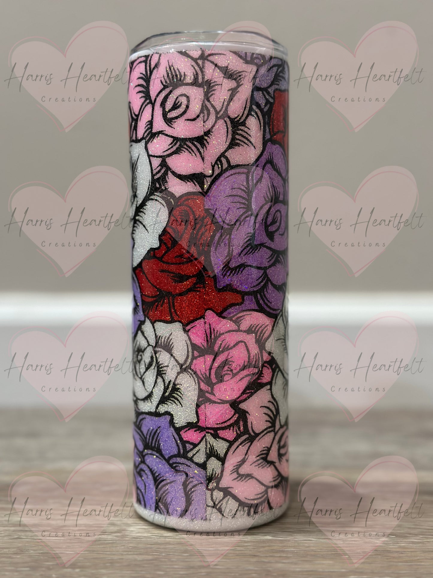 20oz Flowers Glitter Stainless Steel Tumbler - Pink, Purple, Red & White