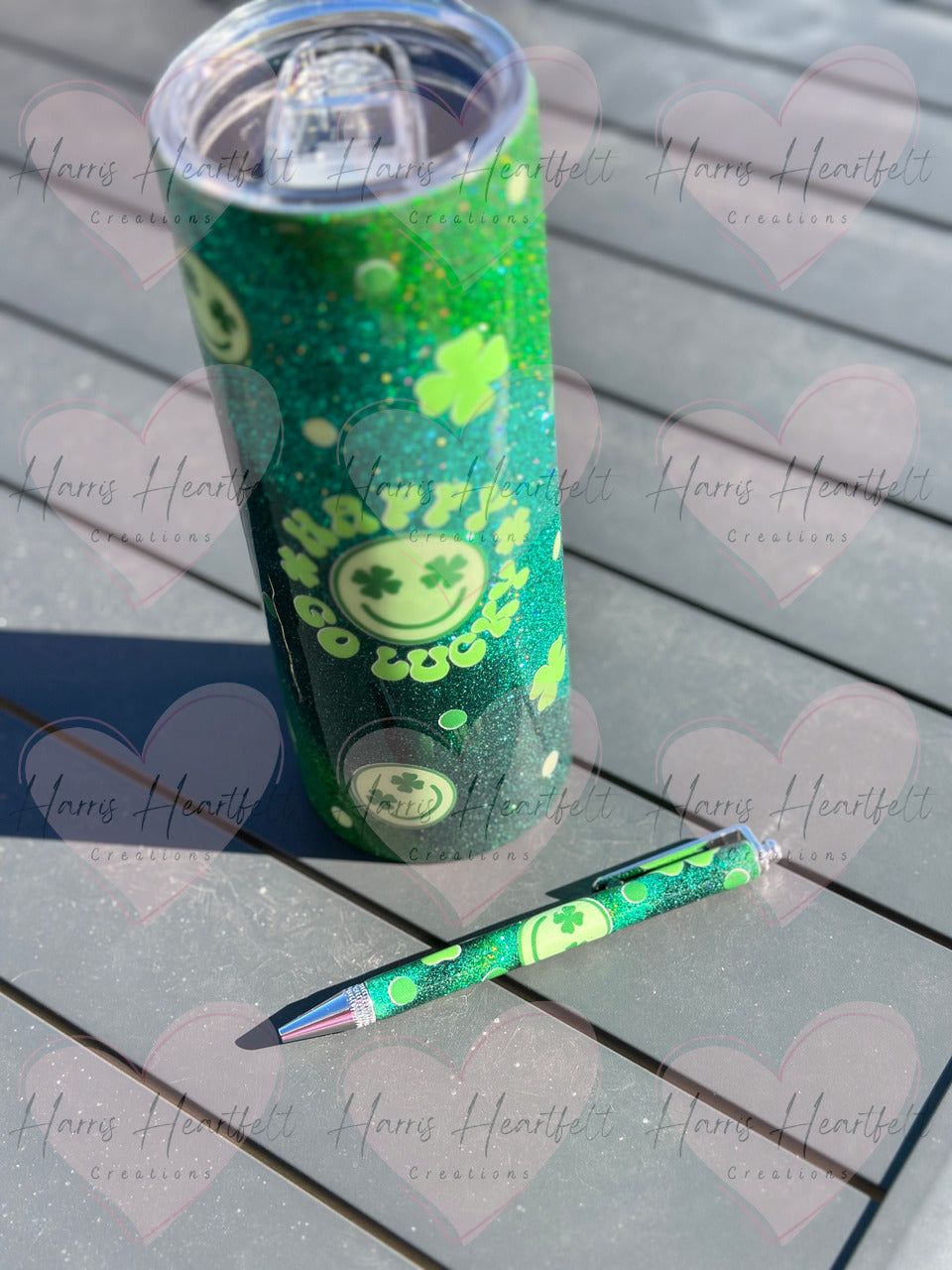 Glittered Happy go Lucky Metal Clip Pen & 20oz matching glitter tumbler