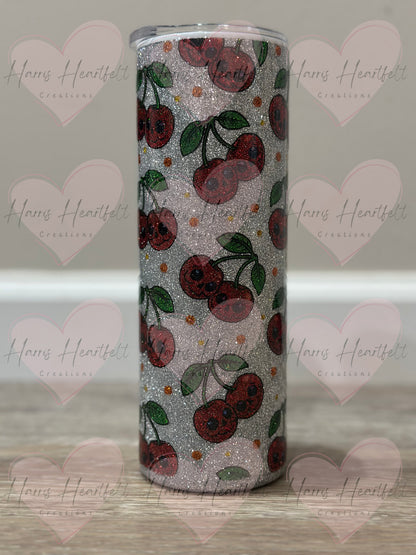 20oz Skull Cherry Glitter Stainless Steel Tumbler - Silver background