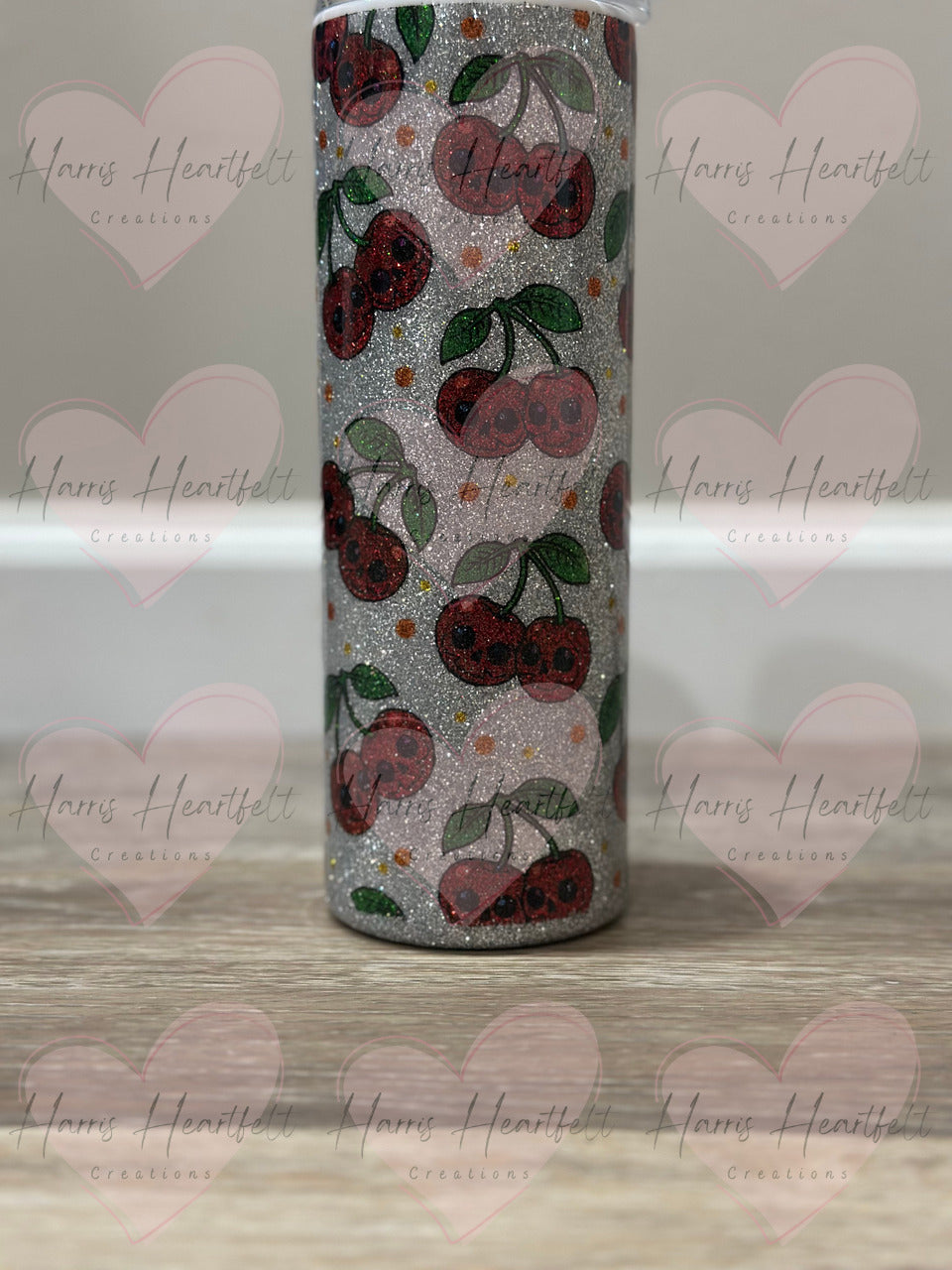 20oz Skull Cherry Glitter Stainless Steel Tumbler - Silver background