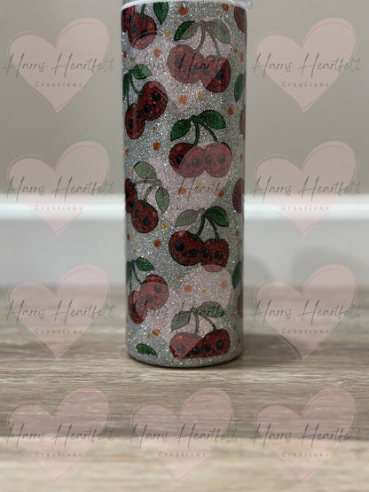 20oz Skull Cherry Glitter Stainless Steel Tumbler - Silver background