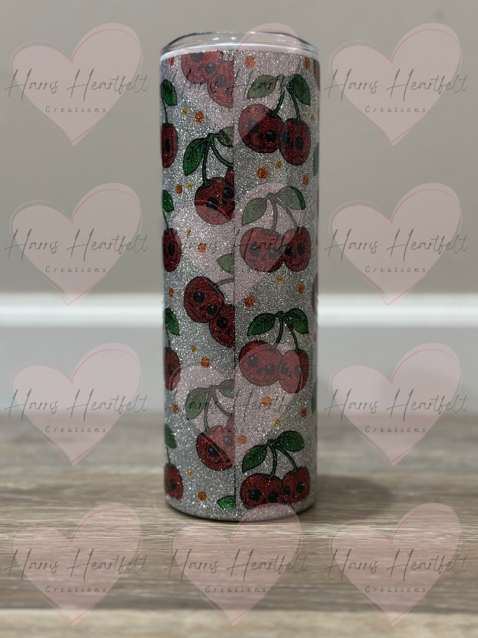 20oz Skull Cherry Glitter Stainless Steel Tumbler - Silver background