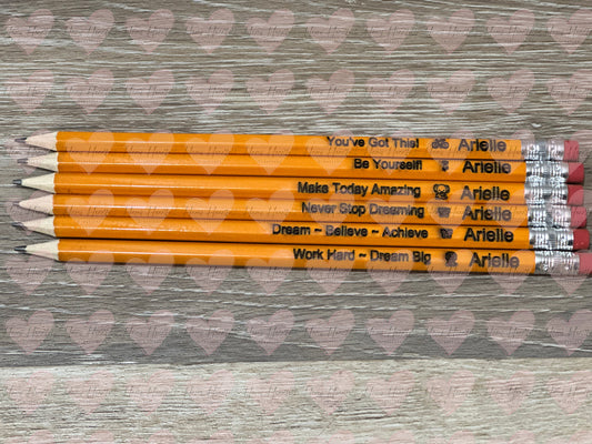 Engraved Personalized Pencils – Standard Yellow #2 – Multiple Phrases with Custom Name